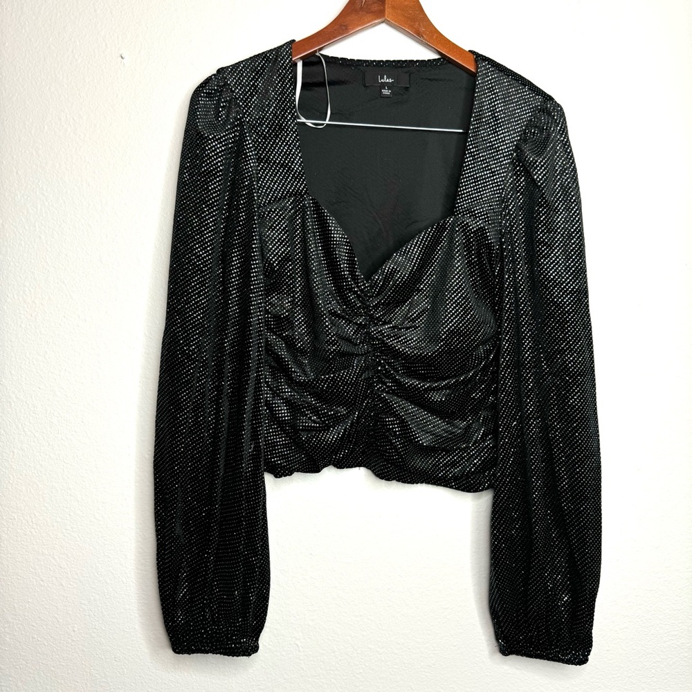 Lulus Splendid Shine Black‎ Sparkly Velvet Ruched Long Sleeve Top